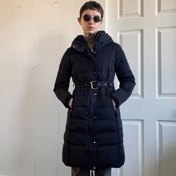ZARA Navy Blue Hooded Long Puffer Down Coat Faux Fur With Belt Size S - Picture 8 of 8